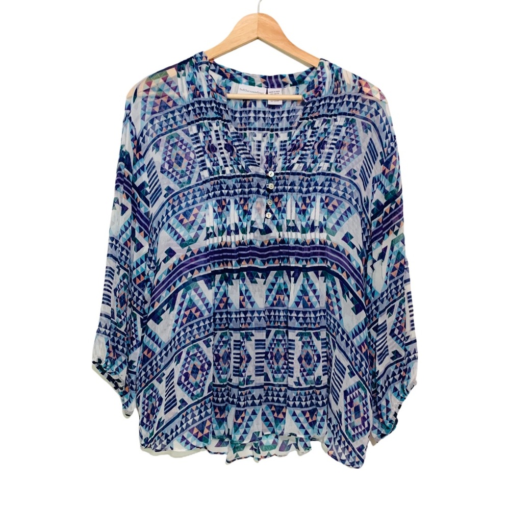 Soft Surroundings Aztec Print Sheer Long Sleeves Top Blouse XL Pintuck Pleating
